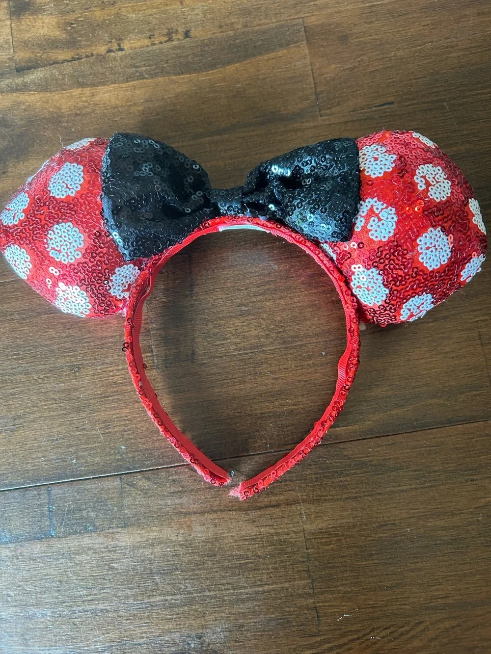 Authentic Disney Parks Minnie Mouse Red Sequin Polka Dot Ears with Black Sequin